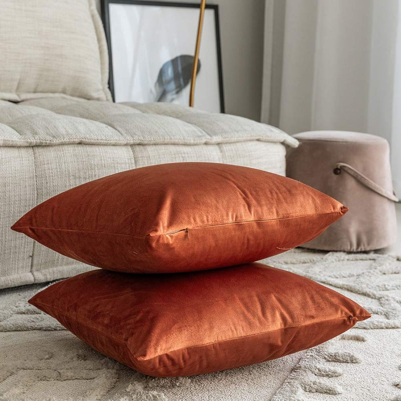 Rythome Set of 2 Comfortable Velvet Throw Pillow Cases Decorative Solid Cushion Covers for Sofa Couch and Bed - 16"x16", Rust - Image 4